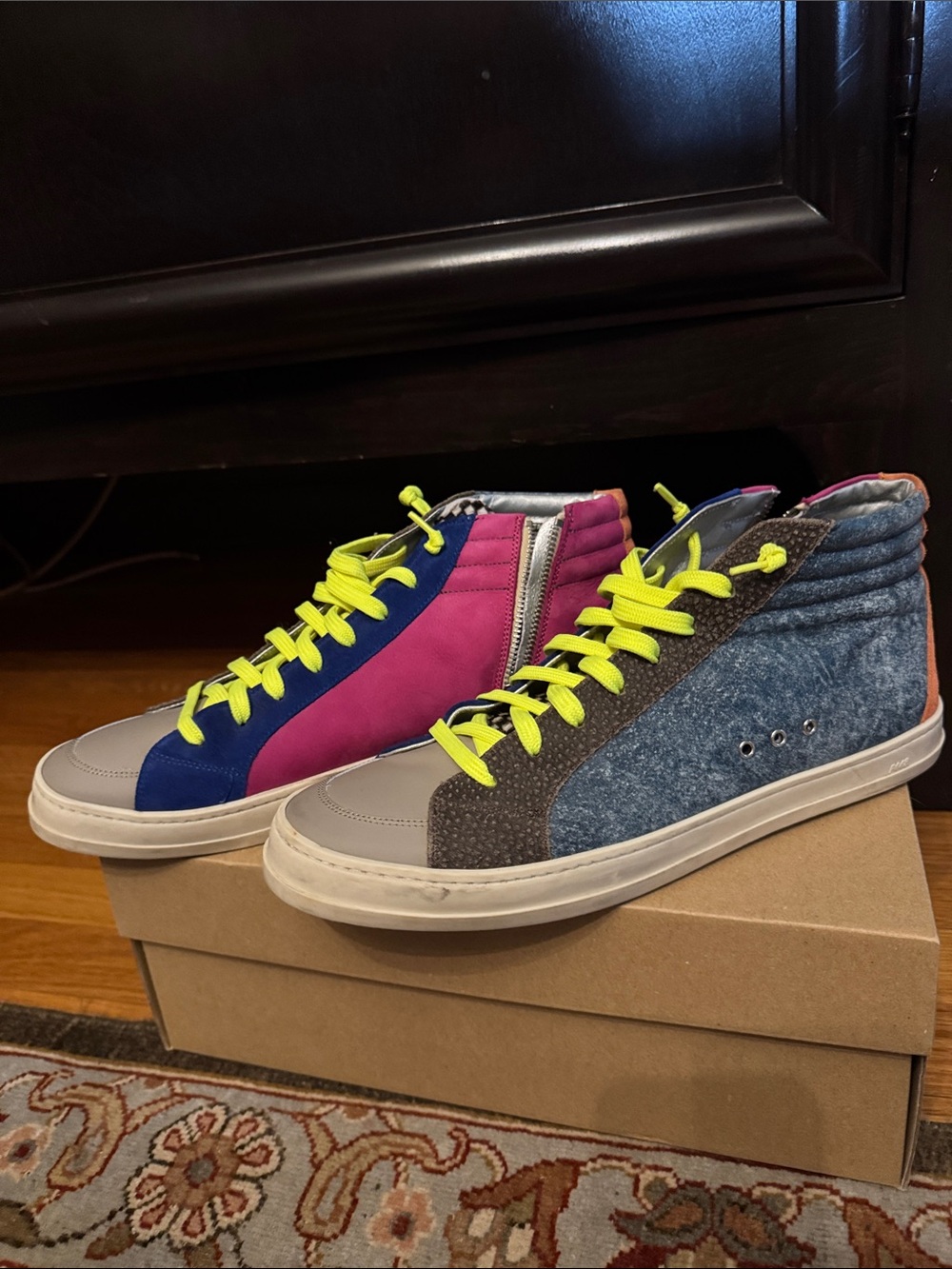P448 Men's Colorblock High-Top Sneakers in Pink, Blue, Neon Yellow and Gray